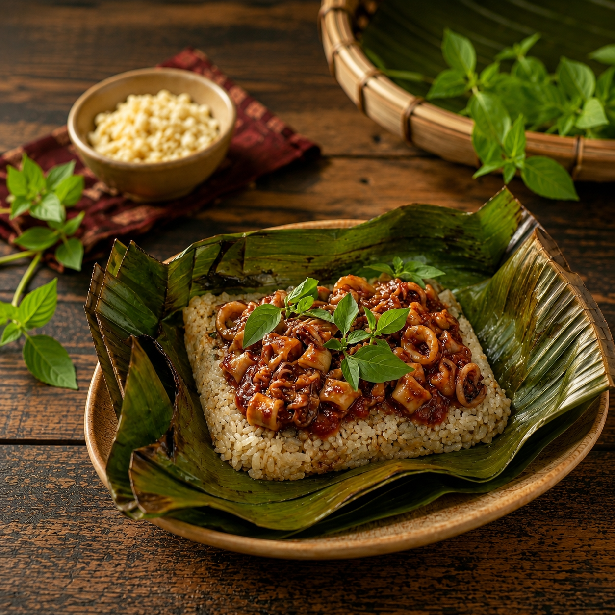 Nasi bakar cumi asin pedas